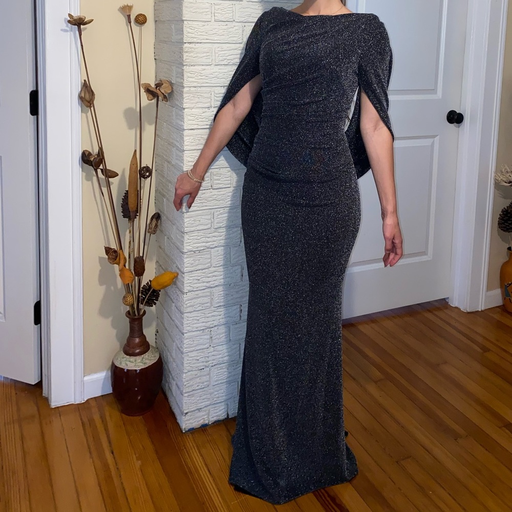 Glitter Accent Drape Sleeve Stretch Sheath Dress - Picture 4 of 4